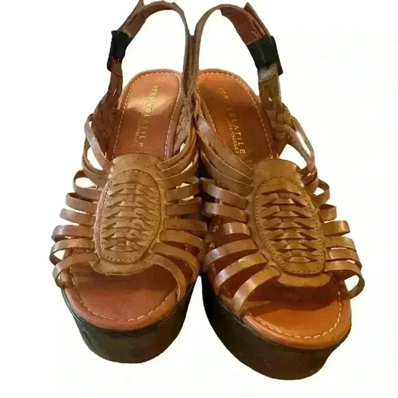 Very Volatile Los Angeles Brown Leather Huaraches Style Wedge Heel Sandals 10 - Picture 2 of 7